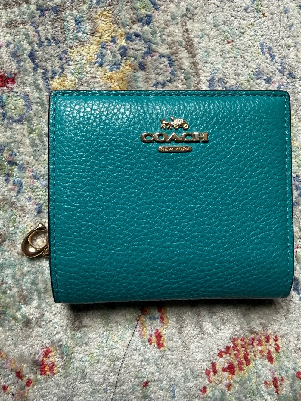 Coach Teal Pebbled Leather Compact Wallet with Gold Logo